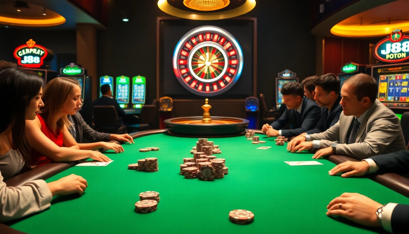 Players engaging in high-stakes poker at a vibrant j88 casino table with glowing chips.