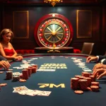 Engage with high-stakes poker at the casino with 7M, featuring vibrant chips and cards on a stunning table.