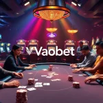 Vaobet poker table with players engaged in a thrilling game in a luxurious casino setting.