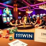 Players enjoying poker at the 11WIN casino table surrounded by bright slot machines.