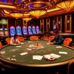 Vaobet casino scene featuring poker players at a vibrant table, luxurious slots, and roulette.