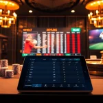 Cược thể thao betting slip and digital scoreboard showcasing live odds in a luxurious setting.