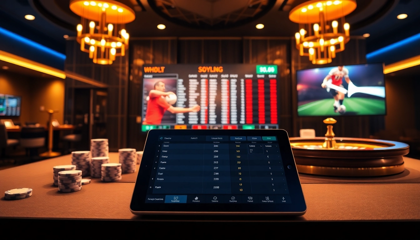 Cược thể thao betting slip and digital scoreboard showcasing live odds in a luxurious setting.