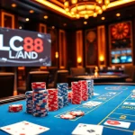 Experience the thrill of gambling at LC88 Land with immersive casino visuals showcasing poker chips and roulette.