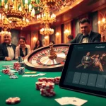 KJC Football gaming action with roulette wheel and excited players in a luxurious casino setting.