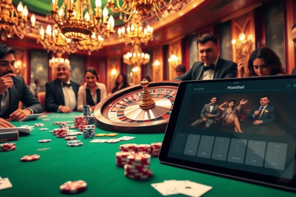 KJC Football gaming action with roulette wheel and excited players in a luxurious casino setting.