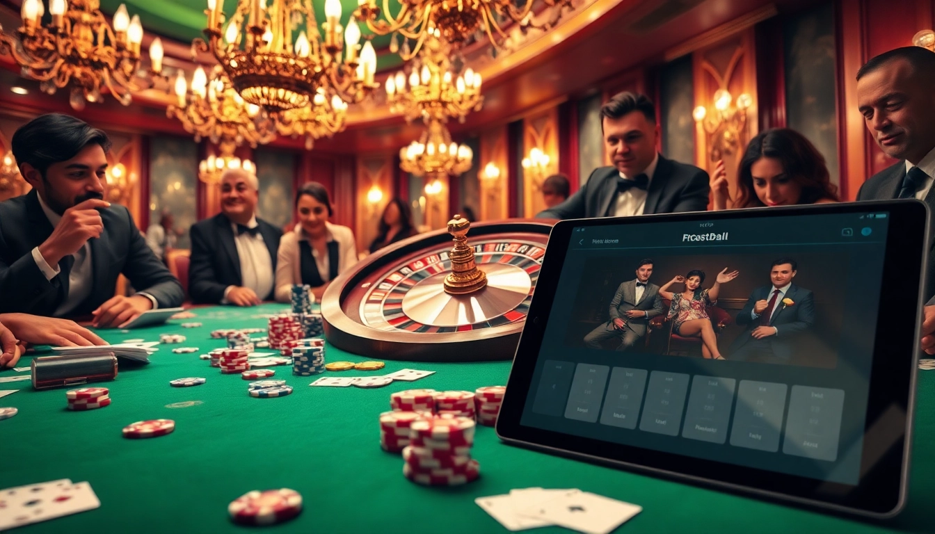 KJC Football gaming action with roulette wheel and excited players in a luxurious casino setting.