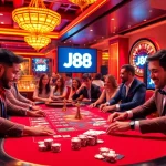 Exciting casino gaming at J88 with players enjoying poker and roulette in a vibrant setting.