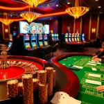 Gamble at mmoo with vibrant poker tables and elegant roulette wheels in a luxury casino setting.