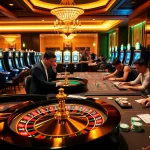 Experience the thrill of gambling at OK 365 with luxurious casino visuals, featuring poker tables and slot machines.