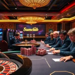 Players enjoying high-stakes games at Sumclub casino, surrounded by vibrant slot machines and poker tables.