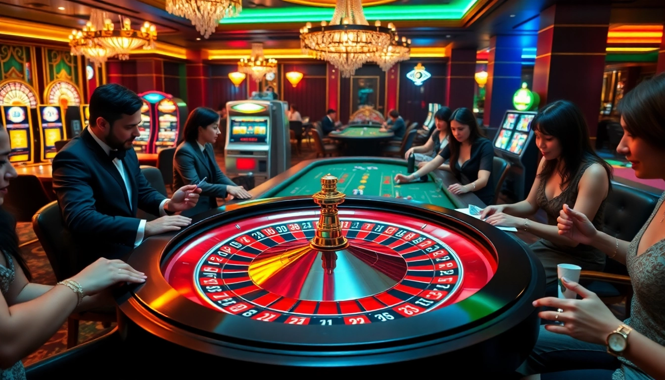 Excited players engaging in various casino games with uu88 đăng nhập at a luxurious roulette table.