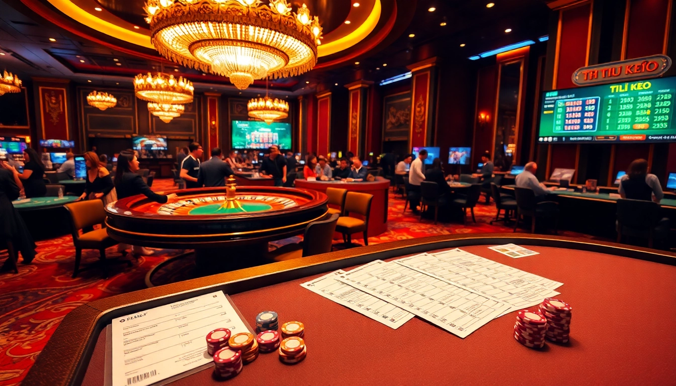 Engaging gamblers with tỷ lệ kèo displayed on a luxurious casino table, showcasing vibrant betting activity.