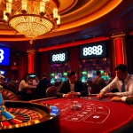 Experience the thrilling excitement of gambling at 888 new casino with players strategizing over poker chips.