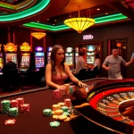 Players enjoying exciting casino games at 888b, featuring vibrant slot machines and a spinning roulette wheel.