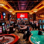 The bustling scene of a luxurious casino floor showcases the tập đoàn kjc brand, with excited players at slot machines and poker tables.