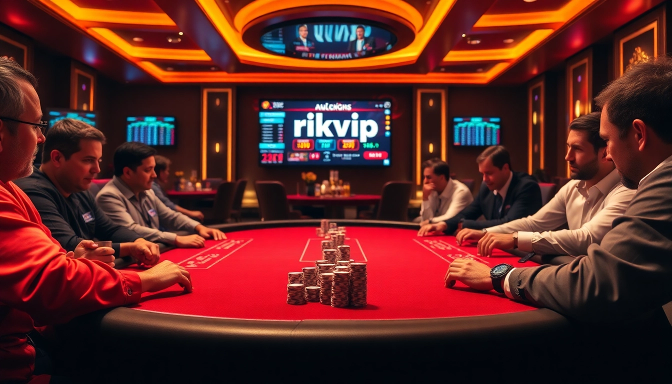 Players engaging in a strategic poker game at rikvip's luxurious casino table, showcasing excitement and professional decor.