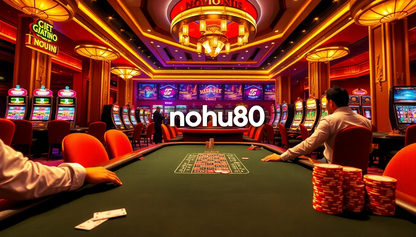 Nohu90 players engaged in high-stakes poker at a vibrant casino table.