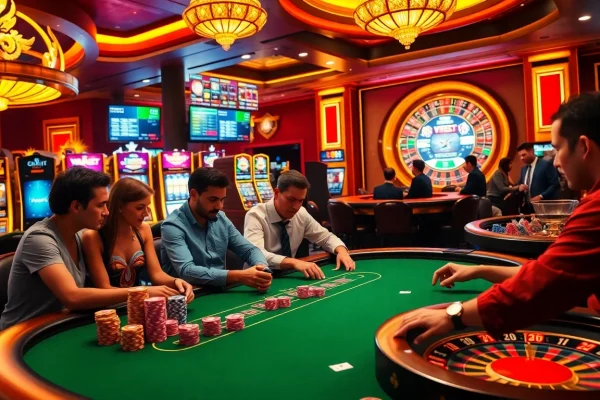 Experience thrilling gameplay at a casino table with vvjl elements, showcasing poker chips and vibrant lights.