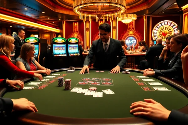 Players enjoying a thrilling poker game at sv88s.pro with vibrant casino elements.