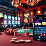 Players enjoying a poker game at a luxurious casino while highlighting win88 online options.
