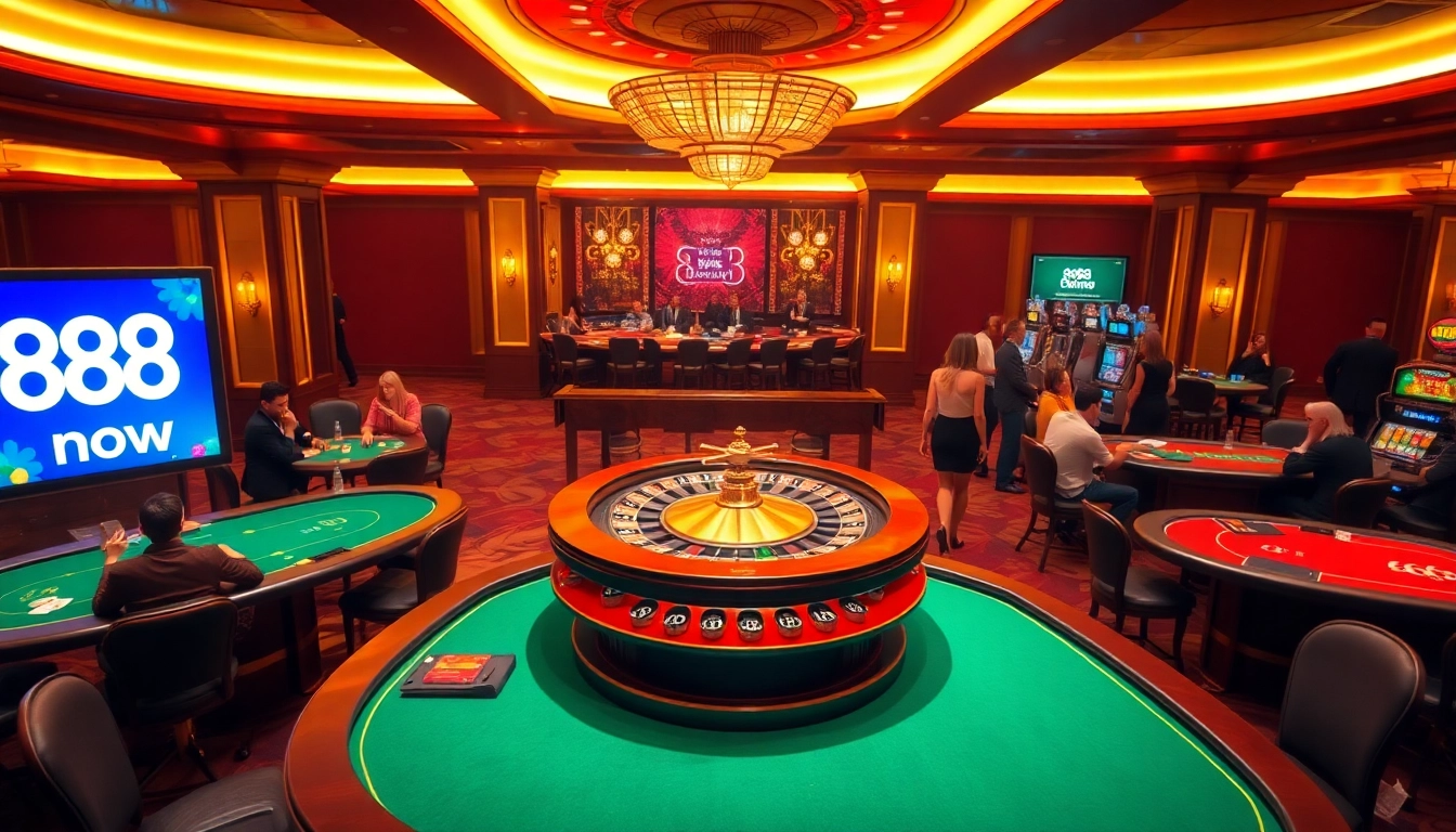 Players enjoy classic casino games at 888now, showcasing excitement in a luxurious setting.