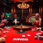 SIN88 poker players engaged at a high-stakes table with vibrant casino ambiance.