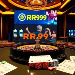 Engage in thrilling gameplay at Nhà cái RR99 with vibrant casino elements like a roulette wheel and poker chips.