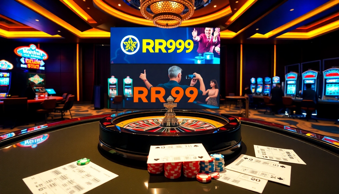 Engage in thrilling gameplay at Nhà cái RR99 with vibrant casino elements like a roulette wheel and poker chips.