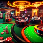 Players enjoying a thrilling game of De bet at a luxurious casino table with vibrant slot machines in the background.