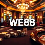 WE88 logo showcased on a vibrant casino table with chips and cards in an exciting atmosphere.