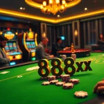 Engaging with 88xx poker chips at a glamorous casino table surrounded by players.