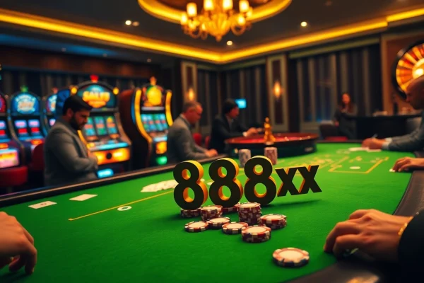 Engaging with 88xx poker chips at a glamorous casino table surrounded by players.