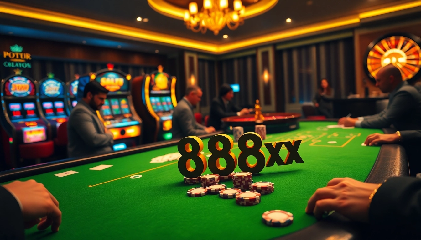 Engaging with 88xx poker chips at a glamorous casino table surrounded by players.