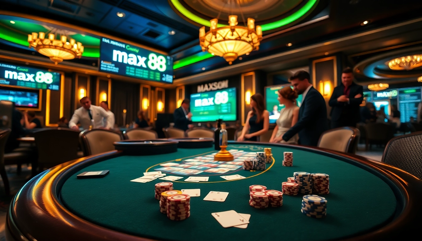Engaging players at the max88 casino table with poker chips and cards.