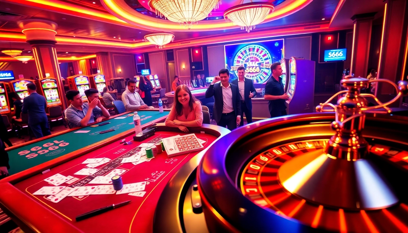 S666 Casino showcases an exhilarating scene of gamblers enjoying vibrant tables, lively slot machines, and a roulette wheel.