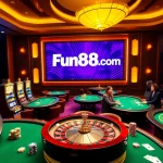 Experience the excitement of Fun88.com with vibrant casino visuals featuring roulette and poker tables.