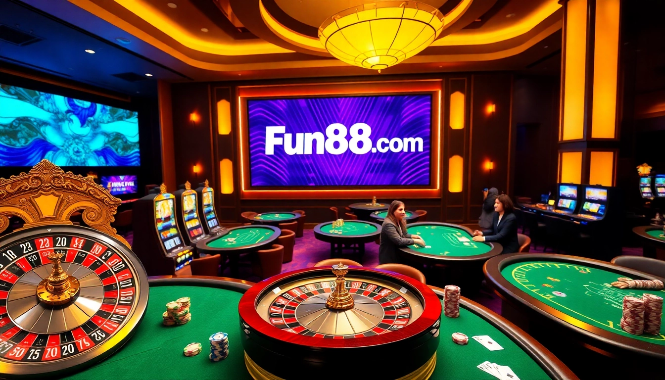 Experience the excitement of Fun88.com with vibrant casino visuals featuring roulette and poker tables.