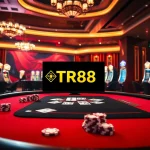 TR88 logo displayed on a luxurious casino table filled with poker chips and cards.
