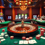 A vibrant casino table showcasing tỷ lệ nhà cái with roulette, poker chips, and cards for an exciting gambling experience.