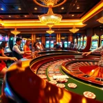 A thrilling gambling scene at https://mtr888.com/ featuring players at a roulette table and vibrant slot machines.