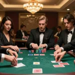 Strategic poker gameplay at 789BET casino with players analyzing hands in an upscale setting.