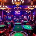 Experience the thrill of the Hit Club with vibrant poker tables and slot machines.