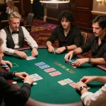 fly888 players strategizing at a thrilling poker table in a luxurious casino setting.