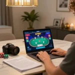 Engage in online gambling at KP88 through a cozy home setup with strategic notes and vibrant game displays.