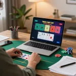 Player using vb88 online poker app on laptop with betting strategy notes.