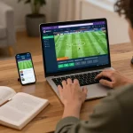 Placing strategic bets on keo nha cai through a laptop in a cozy home workspace