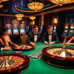 Experience the thrill of 8kbet at a lavish casino with poker tables and vibrant slot machines.