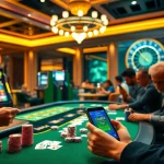 Engaged players using the okfun app at a stylish casino, featuring poker tables and slot machines.