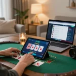 Engaging in live dealer blackjack on 79king.com in a cozy home setting, showcasing dynamic gameplay.